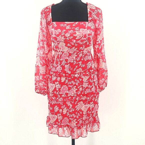 Sim & Sam Dress Size Small Red Pink Floral Long Sleeve Boho Milkmaid Smocked - Picture 1 of 10